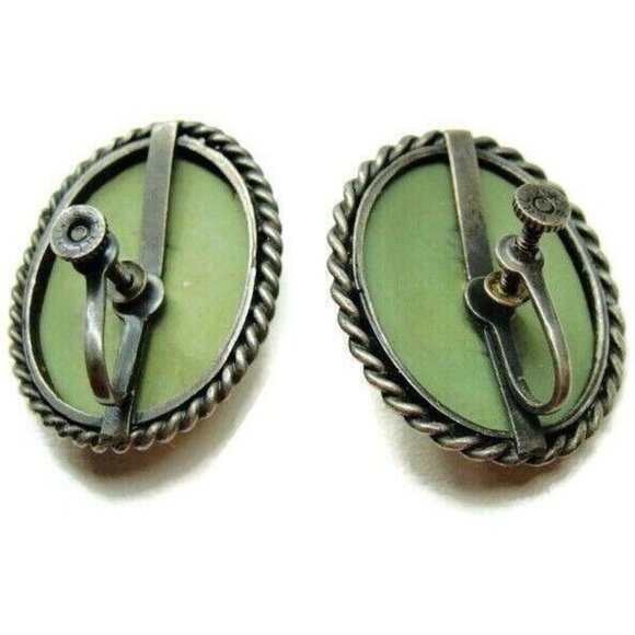 Green & White Cameo Vintage Sterling Silver Screw Back Earrings Patina - Picture 4 of 9